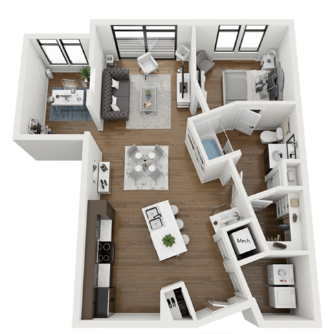 A top-down view of a modern apartment with a kitchen, living room, and bedroom.
